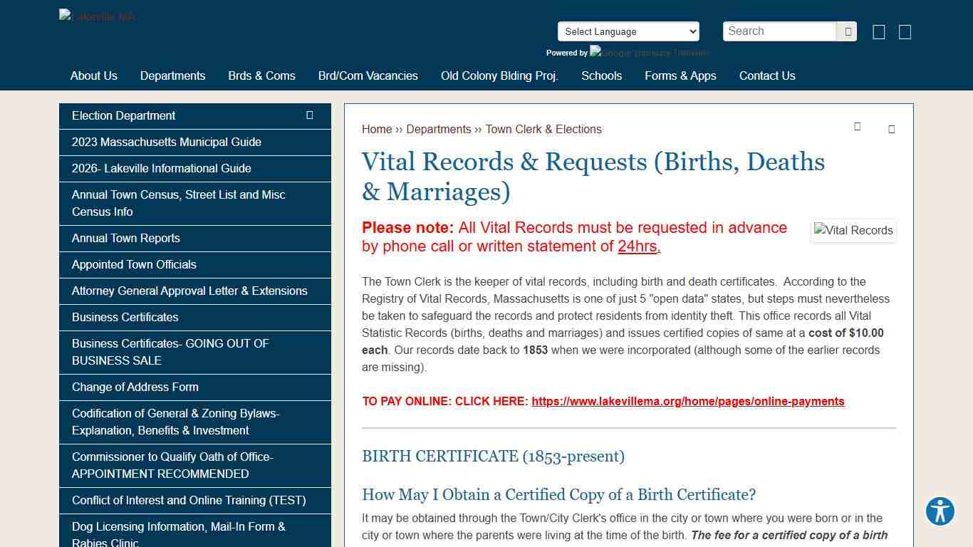 Vital Records & Requests (Births, Deaths & Marriages) Lakeville MA