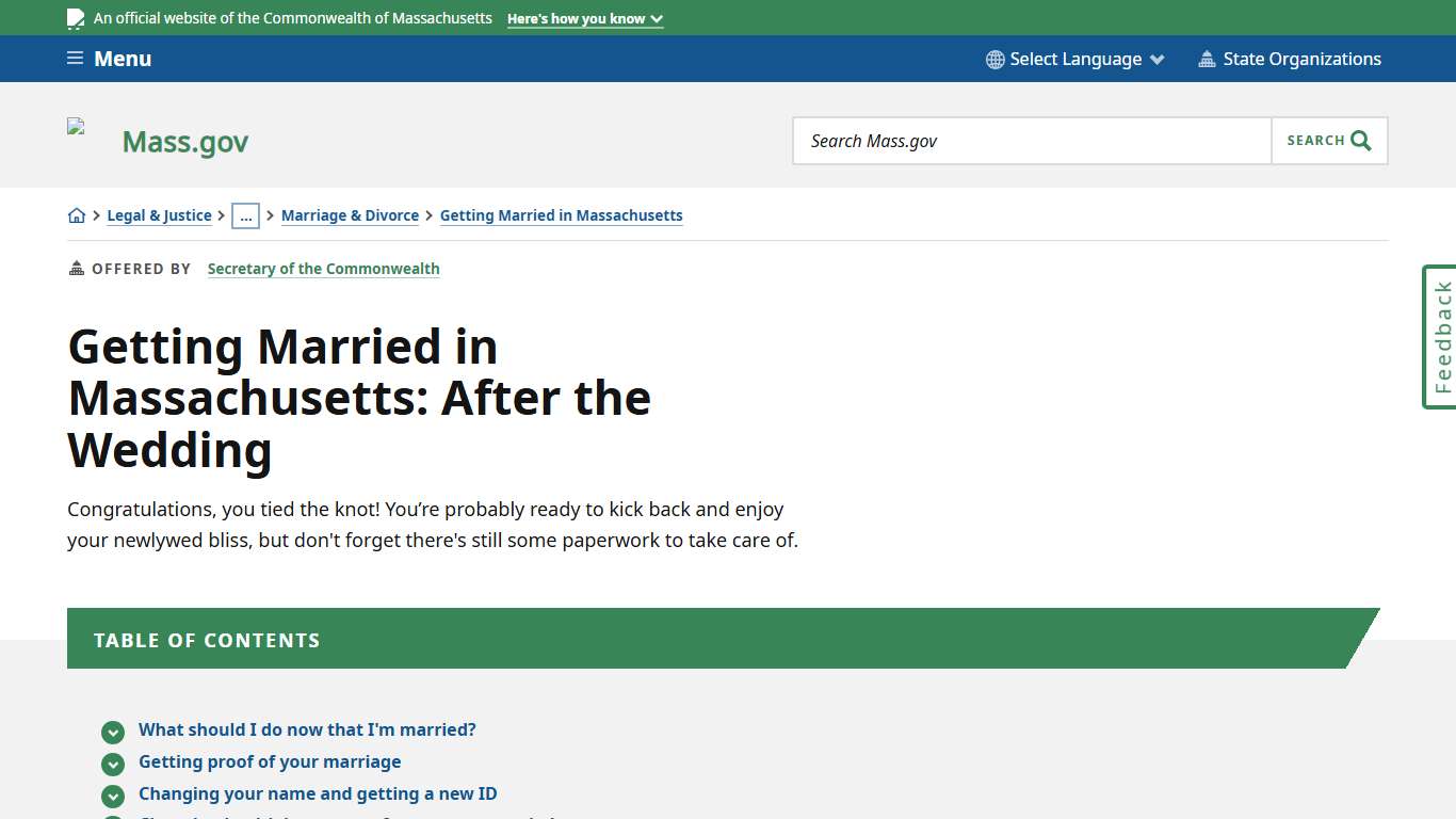 Getting Married in Massachusetts: After the Wedding Mass.gov