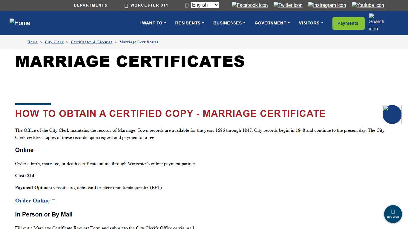 Marriage Certificates City of Worcester